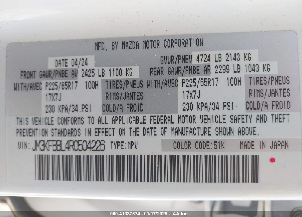 2024 MAZDA CX-5 2.5 S SELECT VIN: JM3KFBBL4R0504226