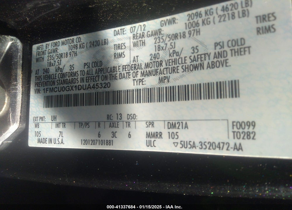 2013 FORD ESCAPE SE VIN: 1FMCU0GX1DUA45320