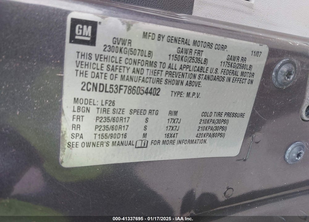 2008 CHEVROLET EQUINOX LT VIN: 2CNDL53F786054402