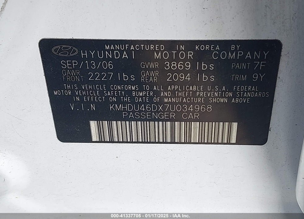 2007 HYUNDAI ELANTRA GLS/LIMITED/SE VIN: KMHDU46DX7U034968