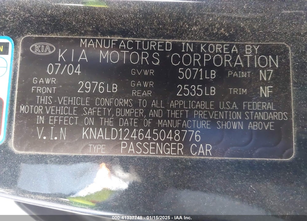 2004 KIA AMANTI VIN: KNALD124645048776