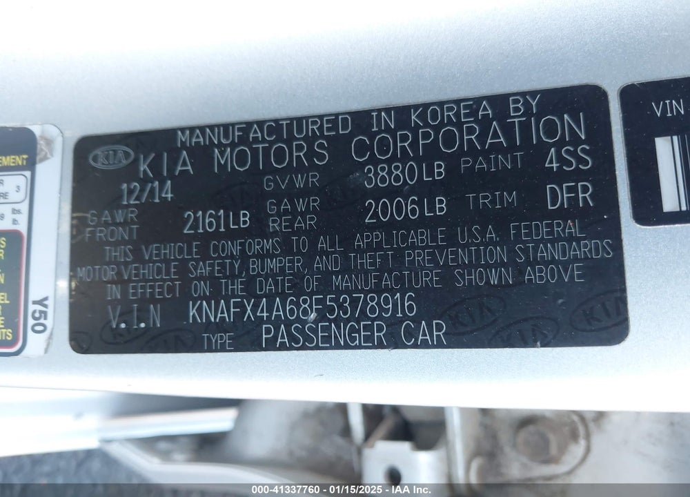 2015 KIA FORTE VIN: KNAFX4A68F5378916