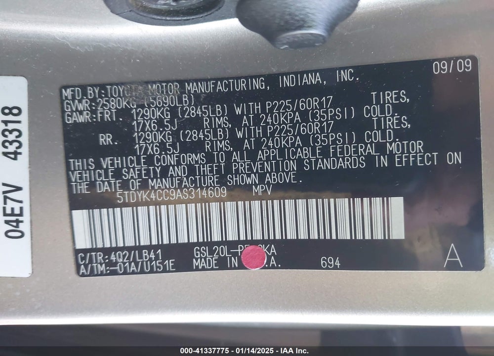 2010 TOYOTA SIENNA LIMITED VIN: 5TDYK4CC9AS314609