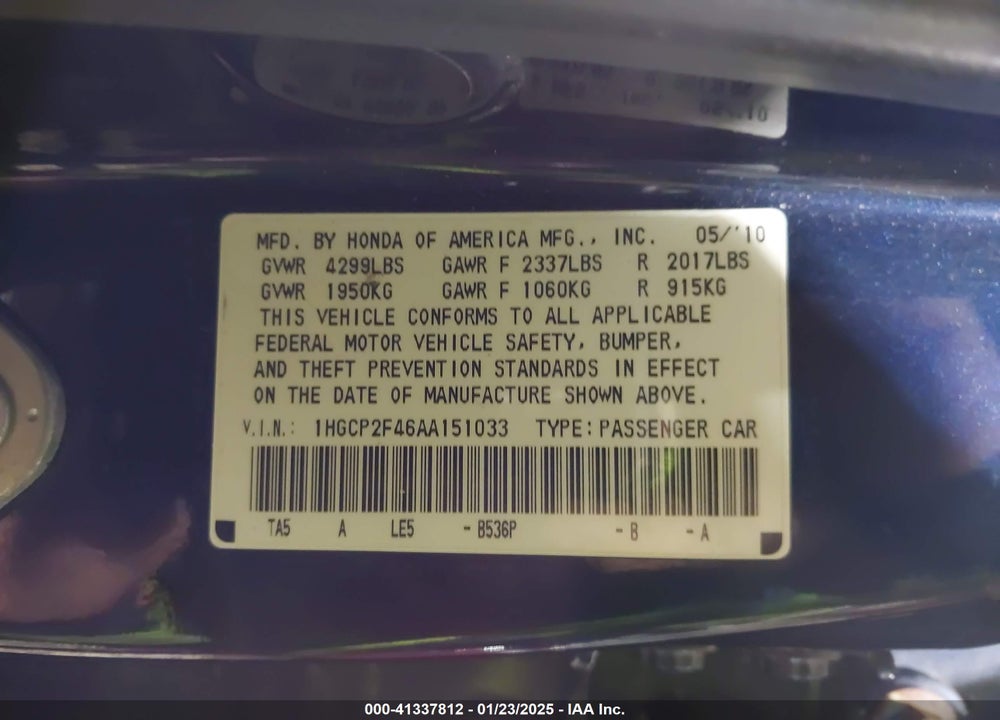 2010 HONDA ACCORD 2.4 LX-P VIN: 1HGCP2F46AA151033