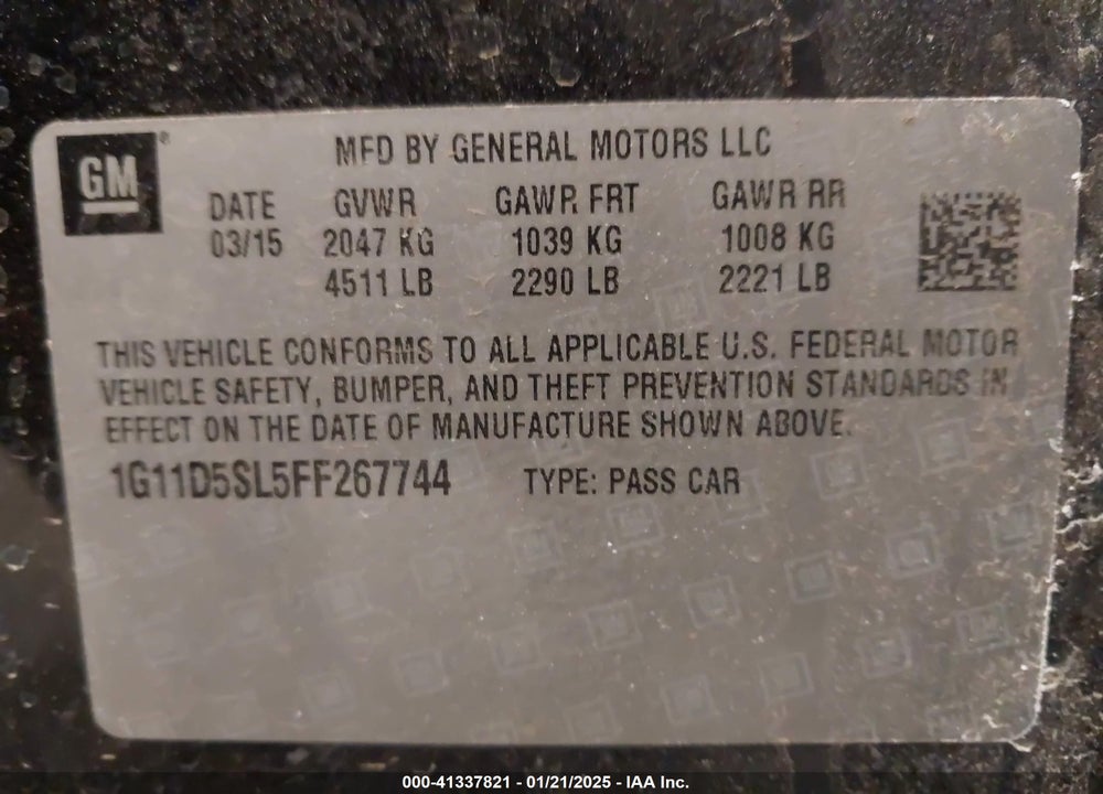 2015 CHEVROLET MALIBU 2LT VIN: 1G11D5SL5FF267744