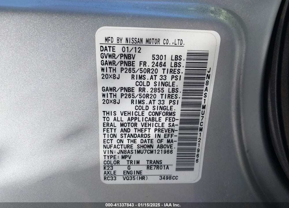2012 INFINITI FX35 VIN: JN8AS1MU7CM121966