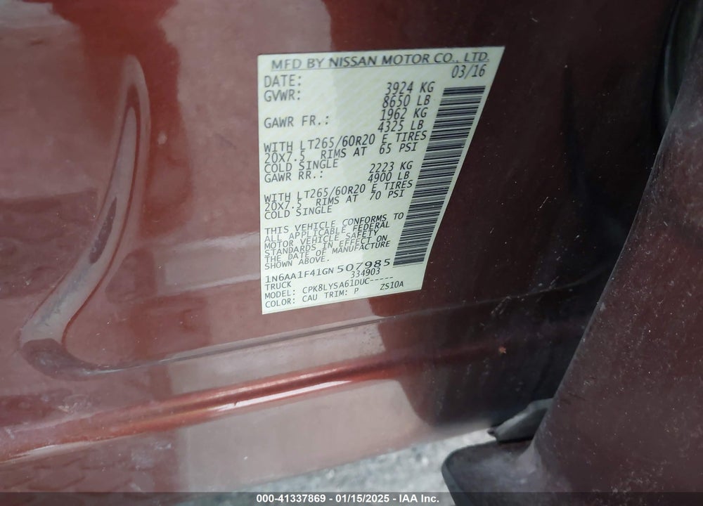 2016 NISSAN TITAN XD PLATINUM RESERVE GAS VIN: 1N6AA1F41GN507985