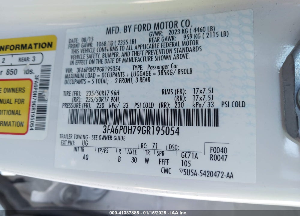 2016 FORD FUSION VIN: 3FA6P0H79GR195054