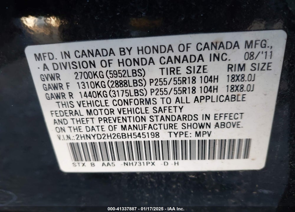 2011 ACURA MDX VIN: 2HNYD2H26BH545198