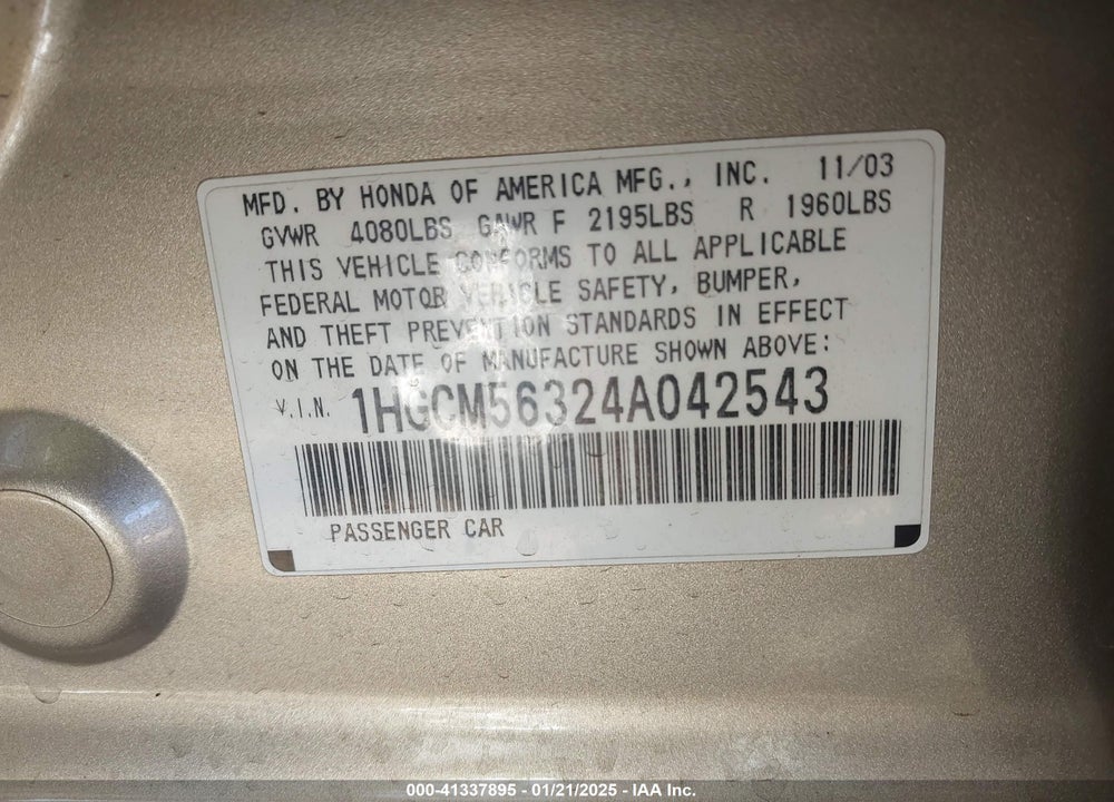2004 HONDA ACCORD 2.4 LX VIN: 1HGCM56324A042543