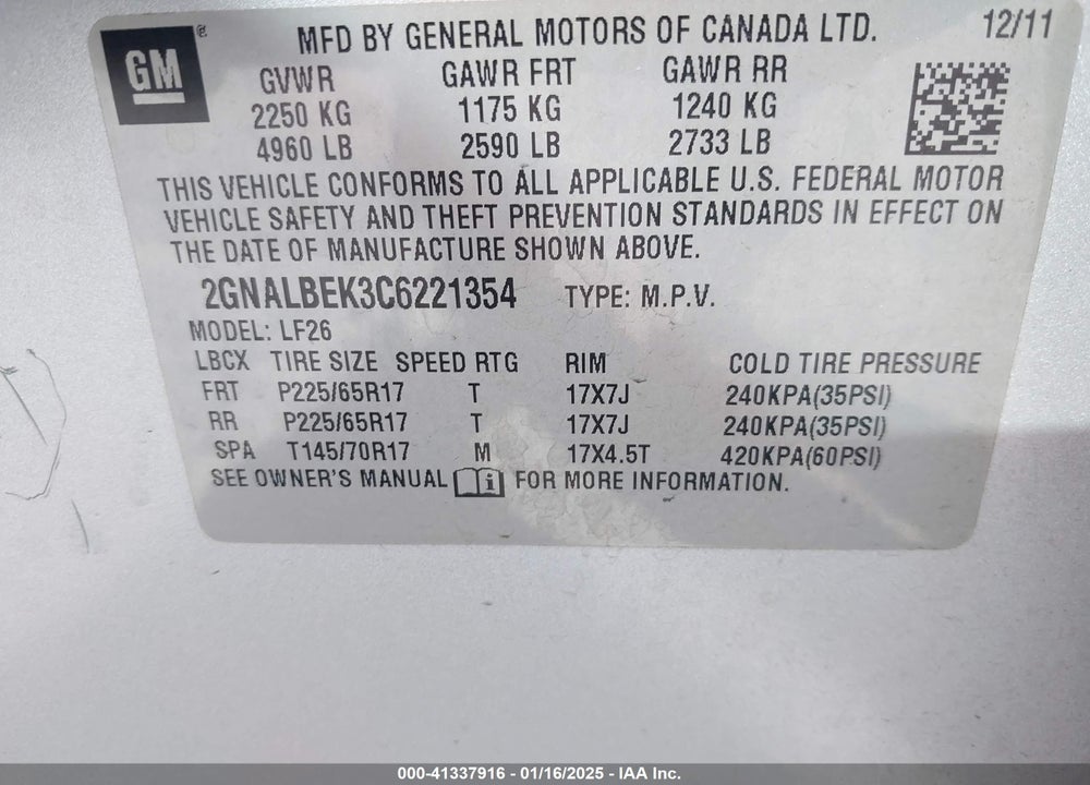 2012 CHEVROLET EQUINOX LS VIN: 2GNALBEK3C6221354