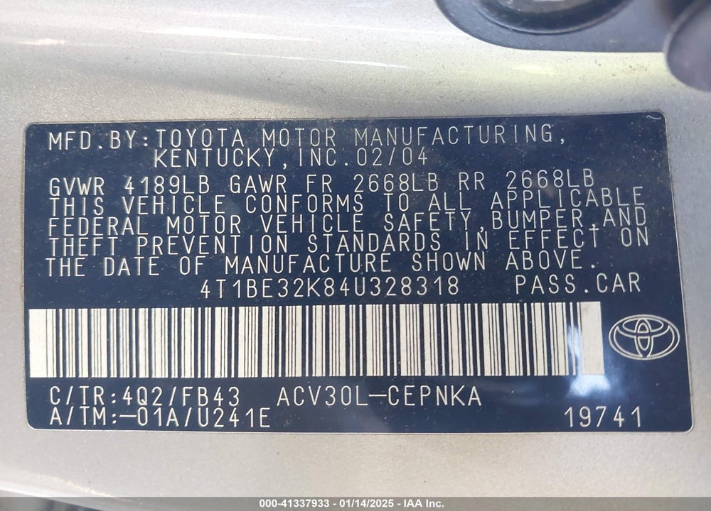 2004 TOYOTA CAMRY LE VIN: 4T1BE32K84U328318