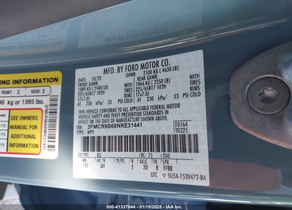 2022 FORD BRONCO SPORT BIG BEND VIN: 3FMCR9B68NRE31441