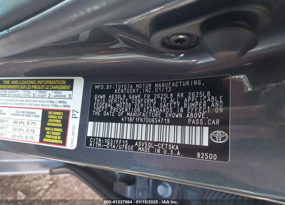 2013 TOYOTA CAMRY VIN: 4T1BF1FK7DU654719