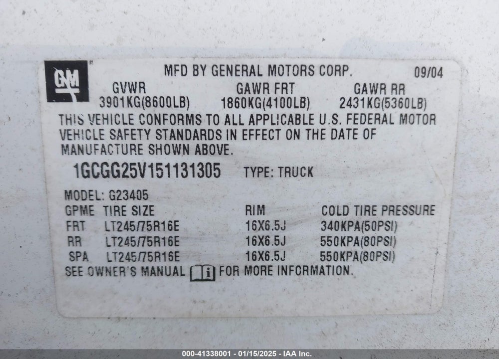 2005 CHEVROLET EXPRESS VIN: 1GCGG25V151131305
