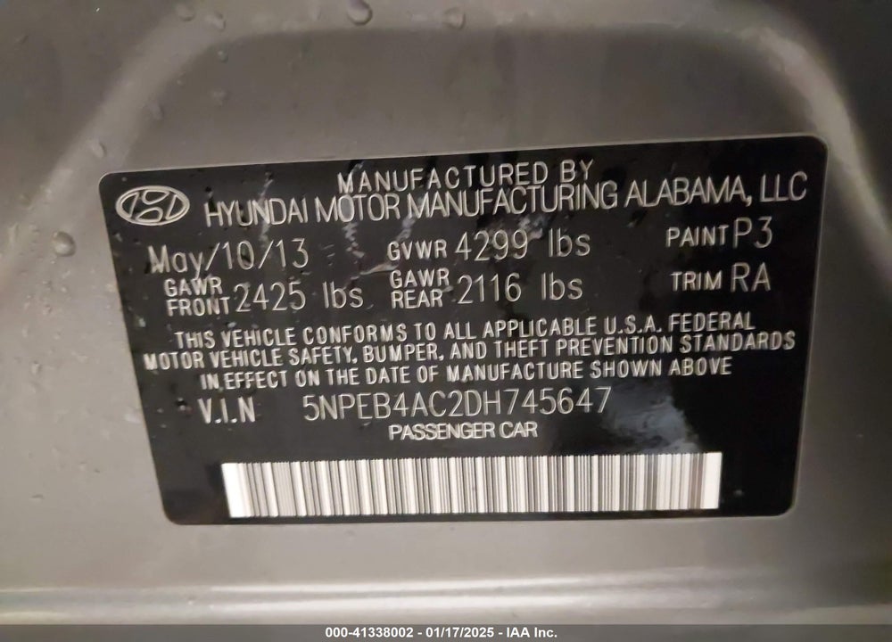 2013 HYUNDAI SONATA VIN: 5NPEB4AC2DH745647