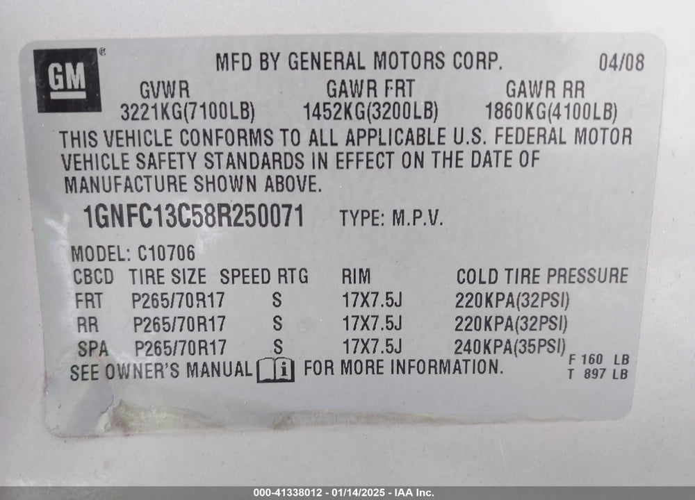 2008 CHEVROLET TAHOE LS VIN: 1GNFC13C58R250071