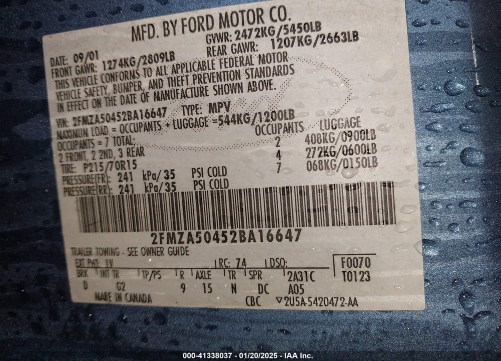 2002 FORD WINDSTAR LX VIN: 2FMZA50452BA16647