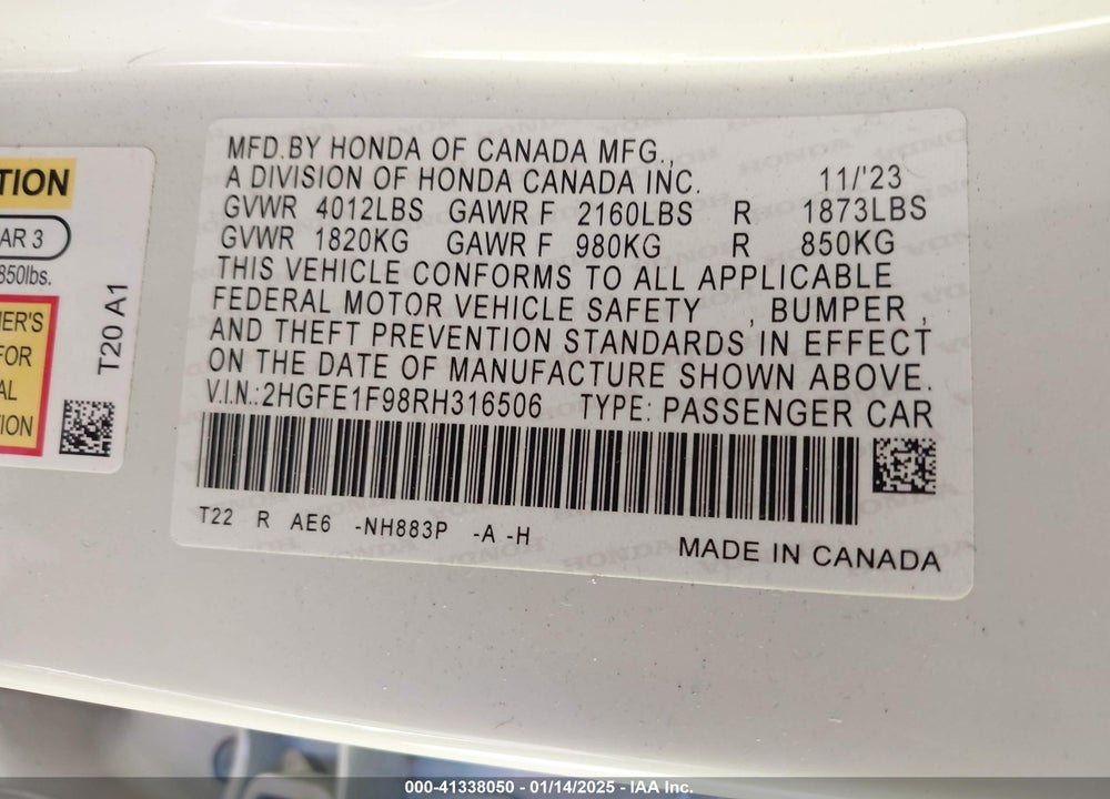 2024 HONDA CIVIC VIN: 2HGFE1F98RH316506