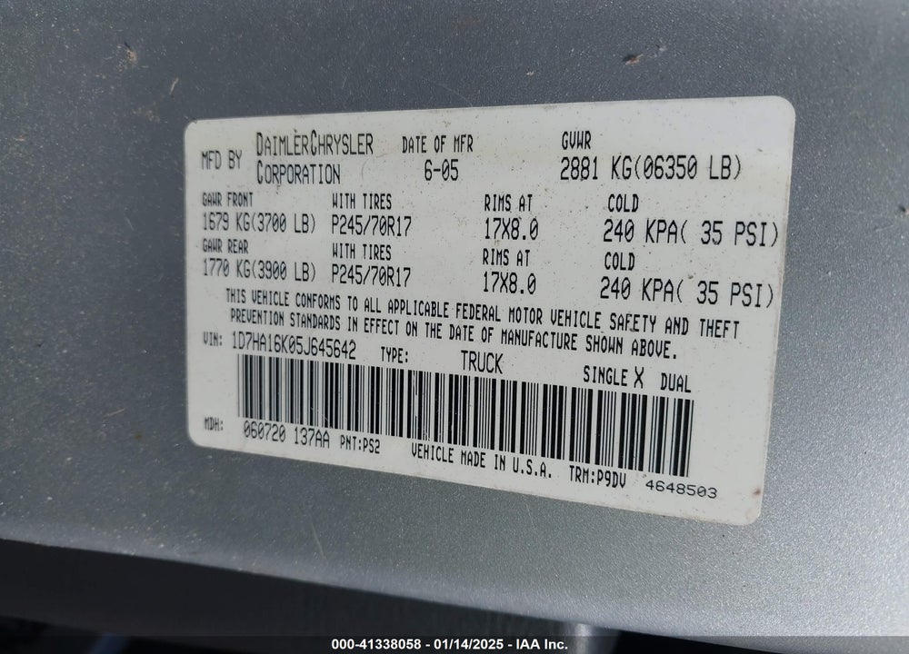 2005 DODGE RAM 1500 ST VIN: 1D7HA16K05J645642
