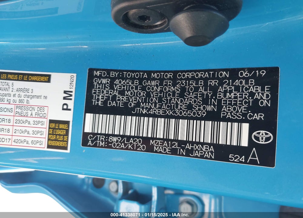 2019 TOYOTA COROLLA XSE VIN: JTNK4RBEXK3065039