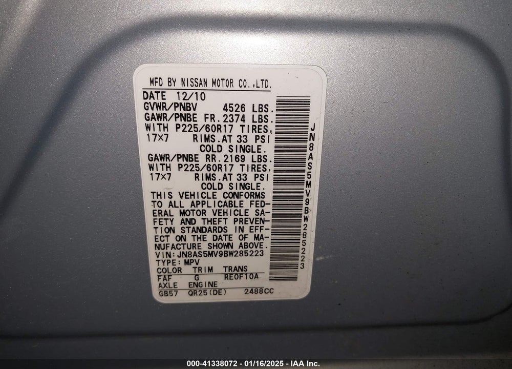 2011 NISSAN ROGUE SV VIN: JN8AS5MV9BW285223