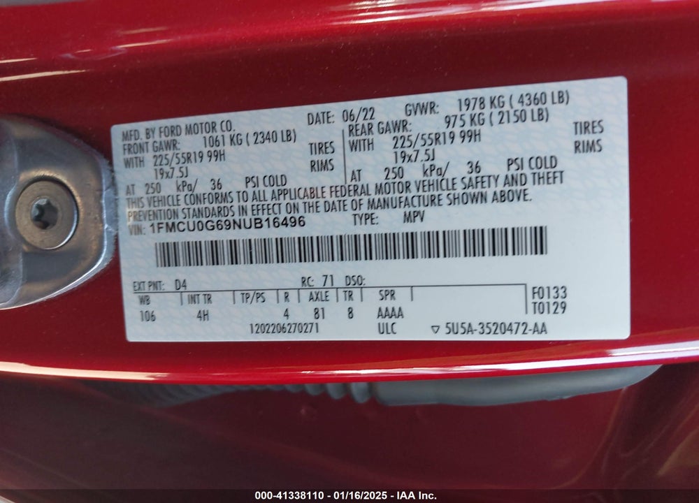 2022 FORD ESCAPE SE VIN: 1FMCU0G69NUB16496