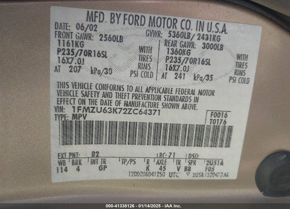 2002 FORD EXPLORER XLT VIN: 1FMZU63K72ZC64371