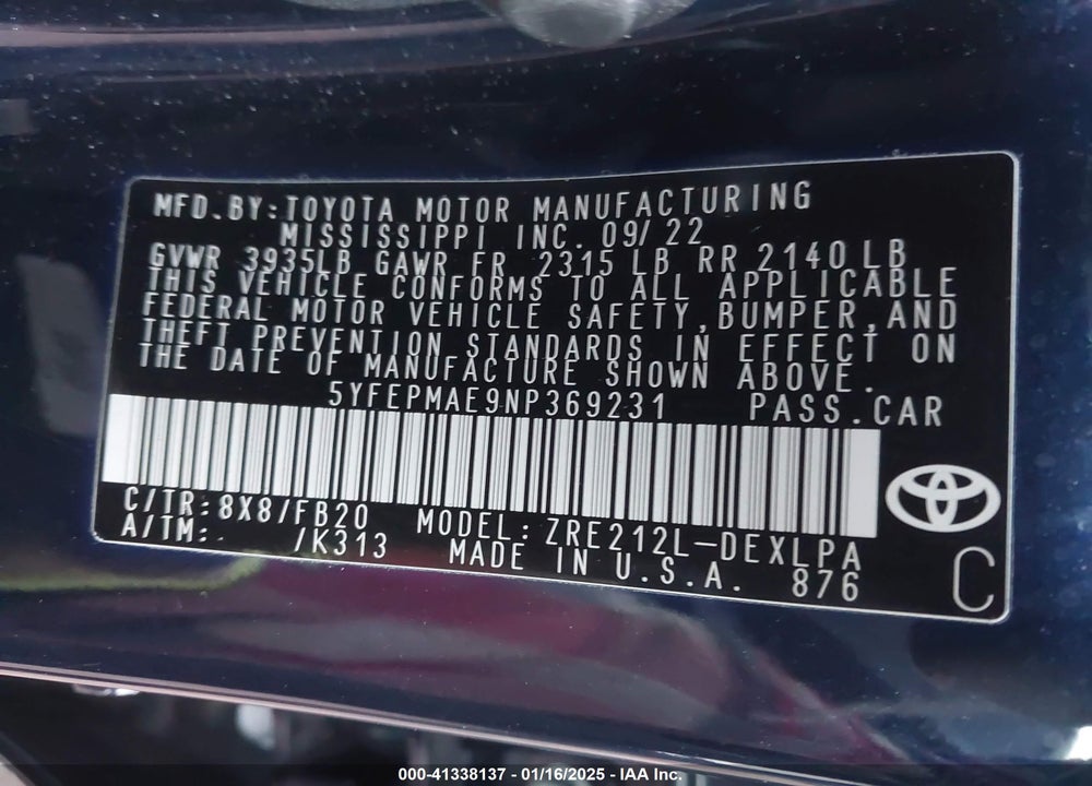 2022 TOYOTA COROLLA LE VIN: 5YFEPMAE9NP369231