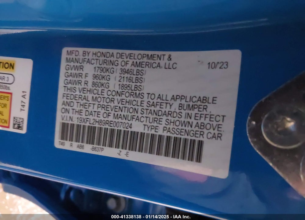 2024 HONDA CIVIC VIN: 19XFL2H89RE007024