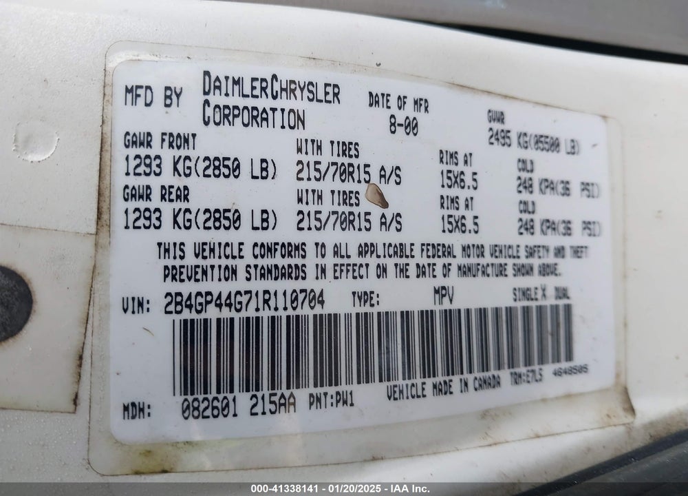 2001 DODGE GRAND CARAVAN SPORT VIN: 2B4GP44G71R110704