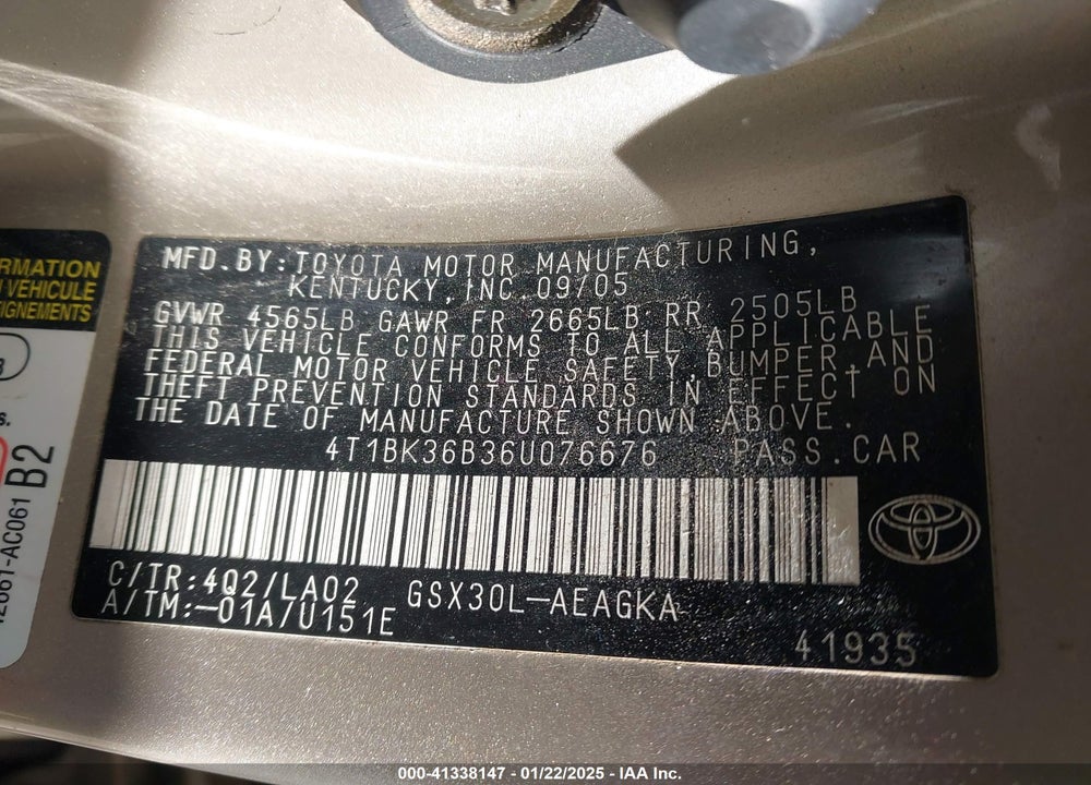 2006 TOYOTA AVALON LIMITED/TOURING/XL/XLS VIN: 4T1BK36B36U076676