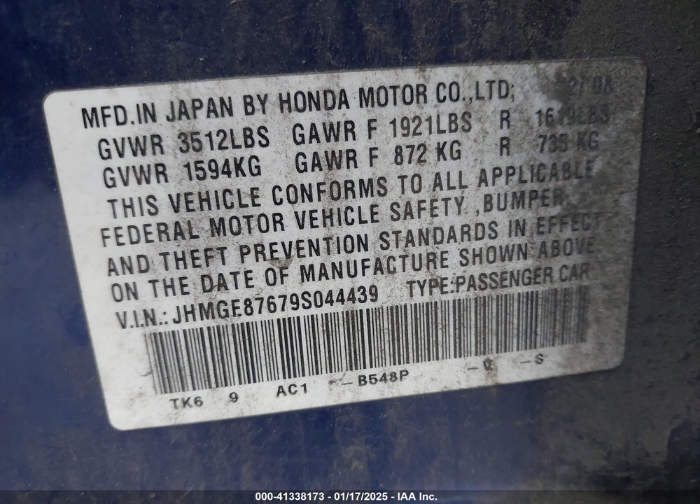 2009 HONDA FIT VIN: JHMGE87679S044439