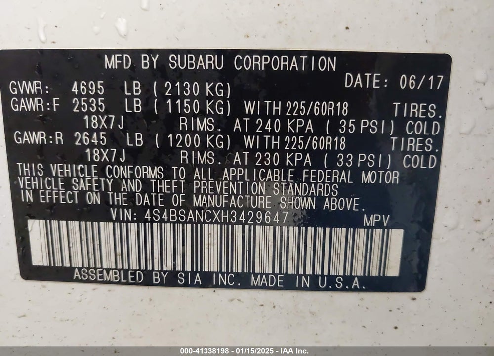 2017 SUBARU OUTBACK 2.5I LIMITED VIN: 4S4BSANCXH3429647