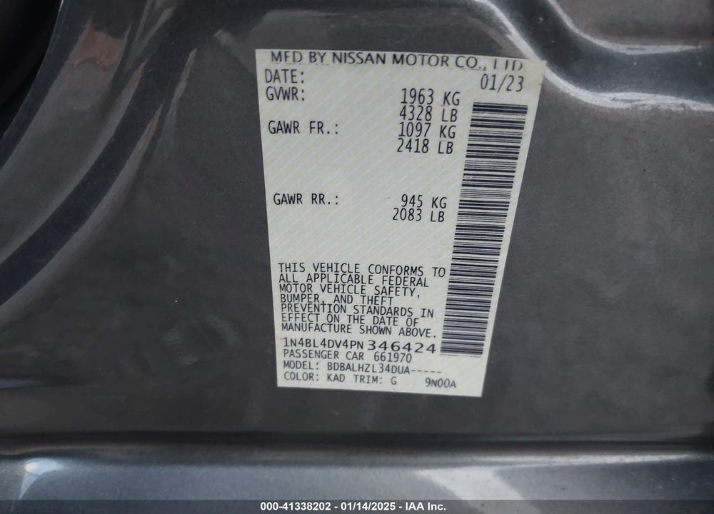2023 NISSAN ALTIMA SV FWD VIN: 1N4BL4DV4PN346424