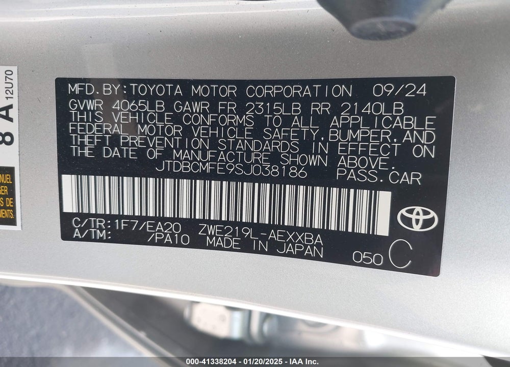 2025 TOYOTA COROLLA VIN: JTDBCMFE9SJ038186