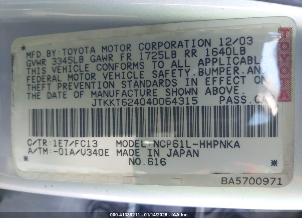 2004 SCION XA VIN: JTKKT624040064315