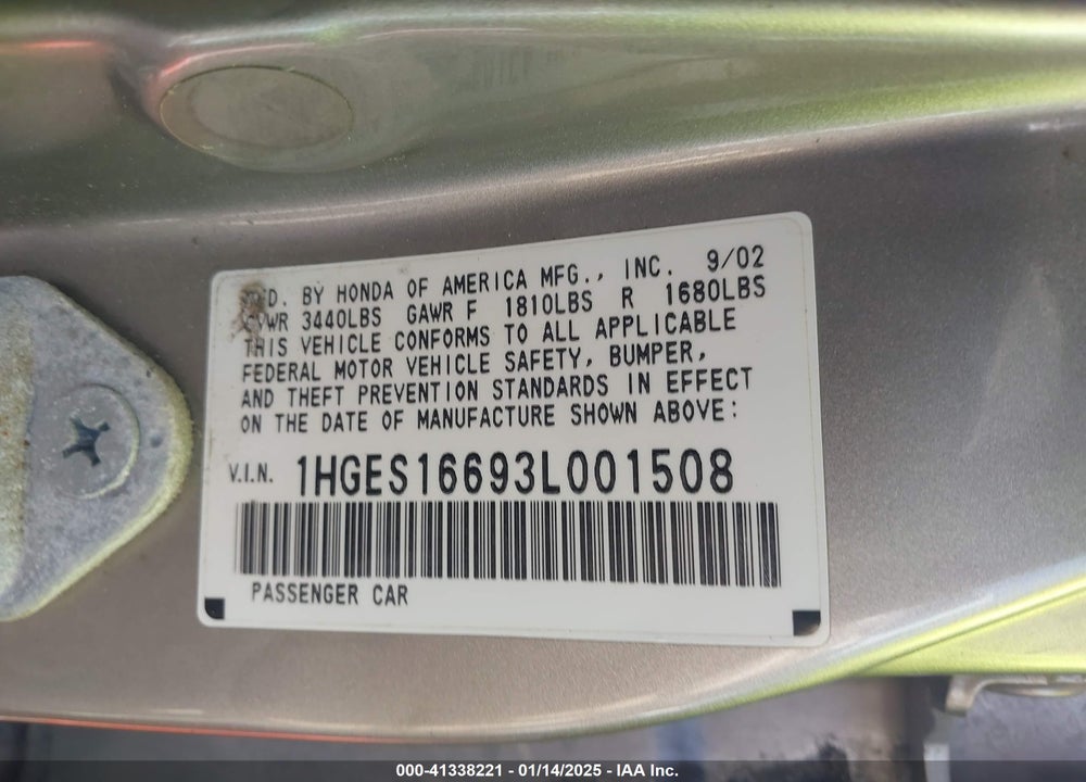2003 HONDA CIVIC LX VIN: 1HGES16693L001508