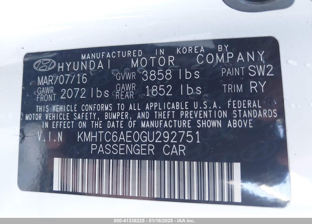 2016 HYUNDAI VELOSTER VIN: KMHTC6AE0GU292751