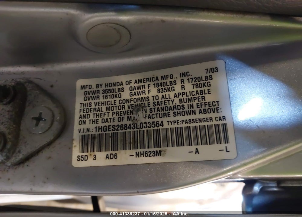 2003 HONDA CIVIC EX VIN: 1HGES26843L033564