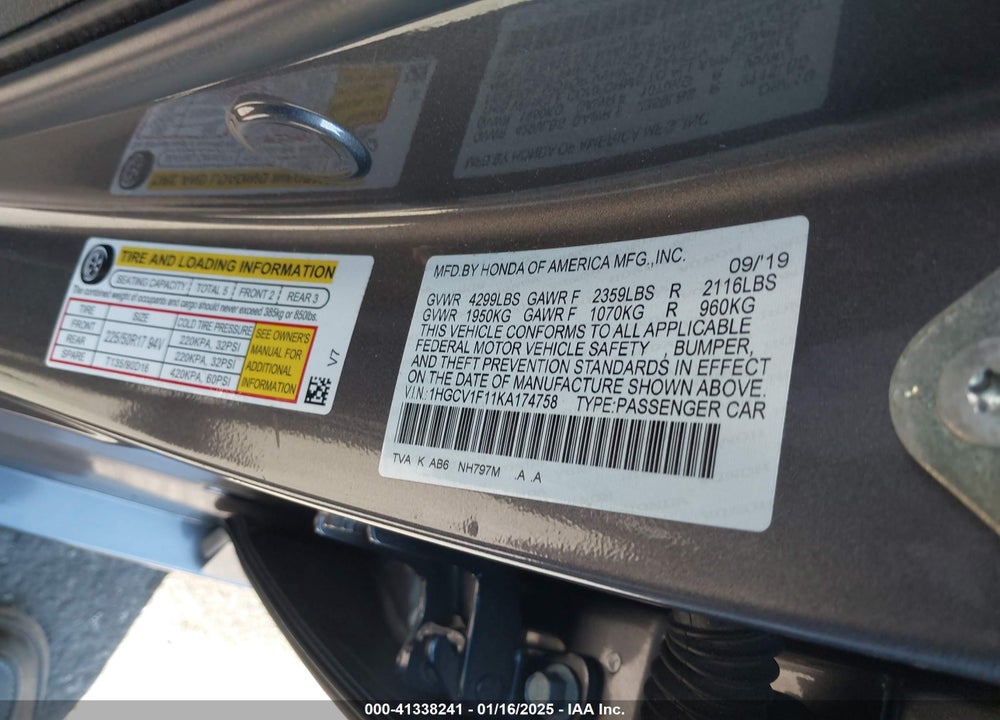 2019 HONDA ACCORD LX VIN: 1HGCV1F11KA174758