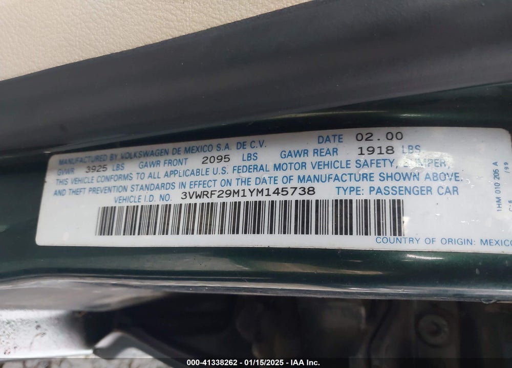 2000 VOLKSWAGEN JETTA GL TDI VIN: 3VWRF29M1YM145738