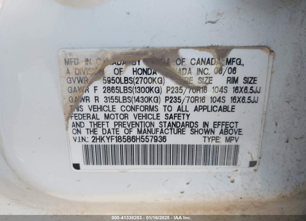 2006 HONDA PILOT EX-L VIN: 2HKYF18586H557936
