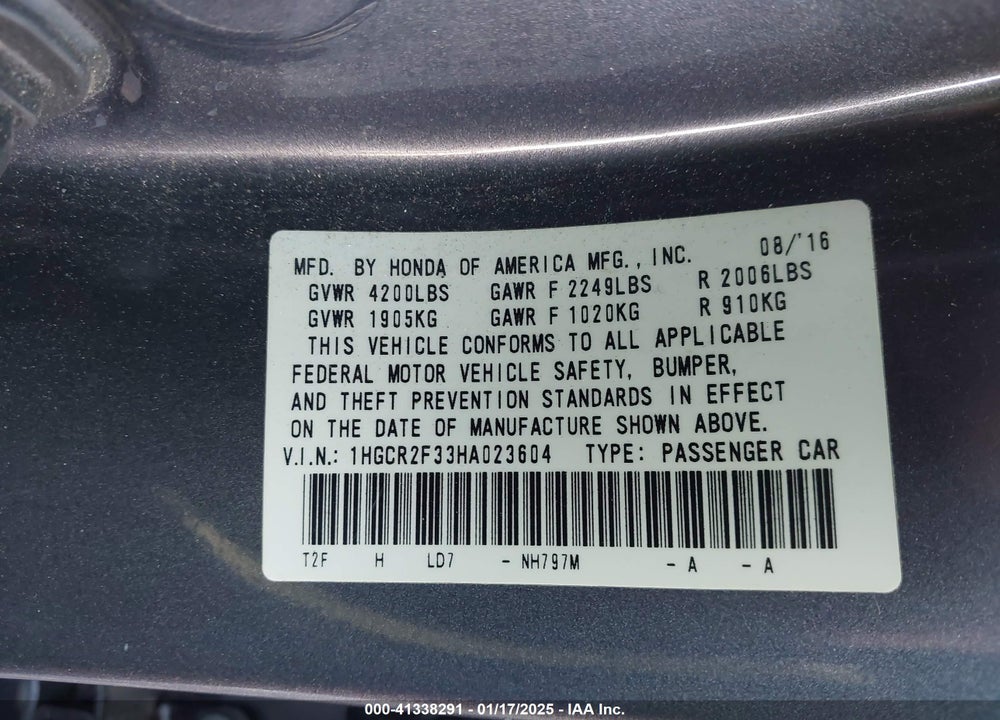 2017 HONDA ACCORD VIN: 1HGCR2F33HA023604