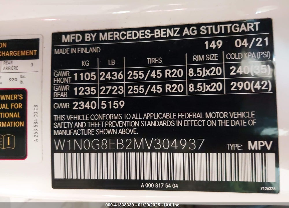 2021 MERCEDES-BENZ GLC 300 4MATIC SUV VIN: W1N0G8EB2MV304937