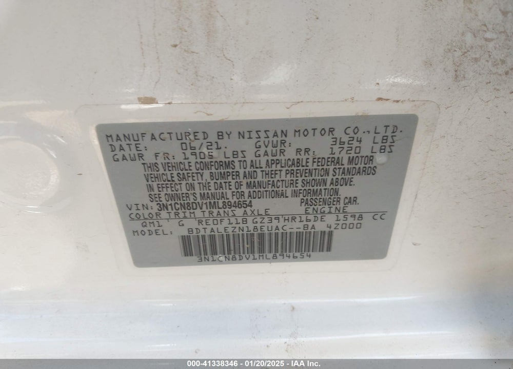 2021 NISSAN VERSA VIN: 3N1CN8DV1ML894654