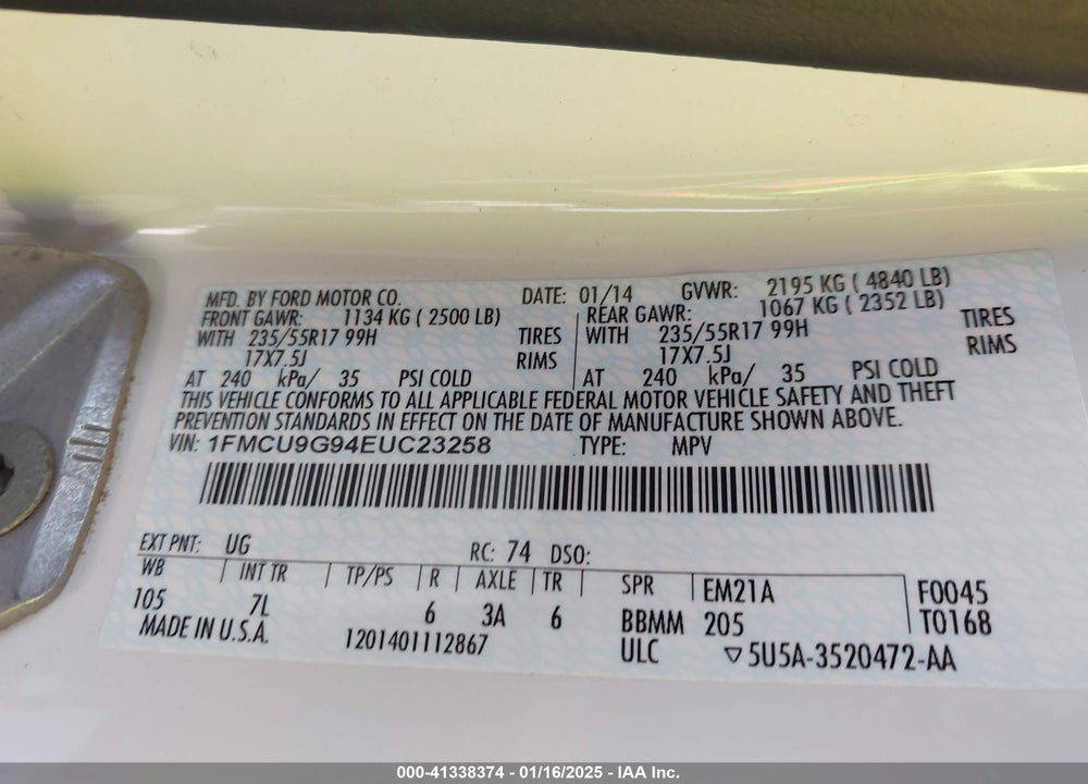 2014 FORD ESCAPE SE VIN: 1FMCU9G94EUC23258