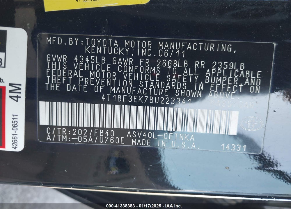 2011 TOYOTA CAMRY VIN: 4T1BF3EK7BU223341