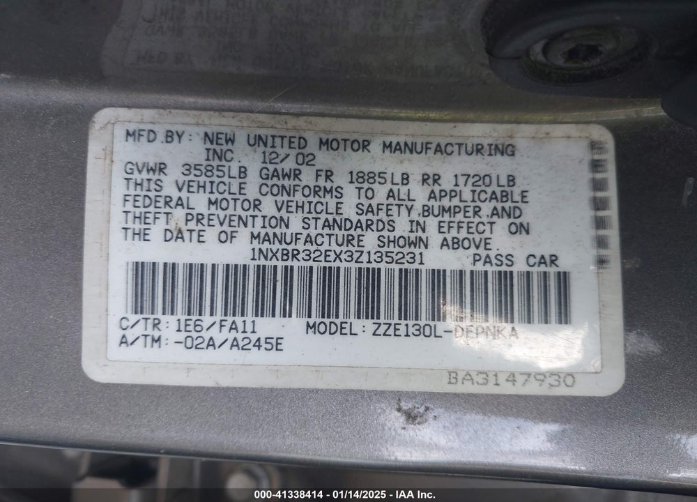 2003 TOYOTA COROLLA LE VIN: 1NXBR32EX3Z135231