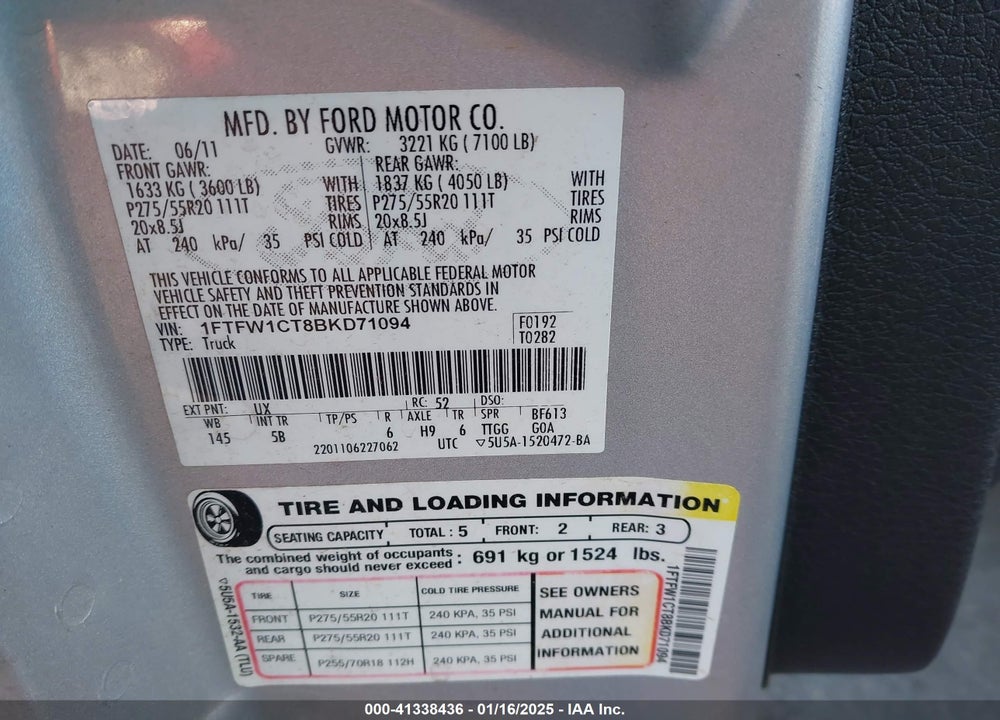2011 FORD F-150 FX2 VIN: 1FTFW1CT8BKD71094